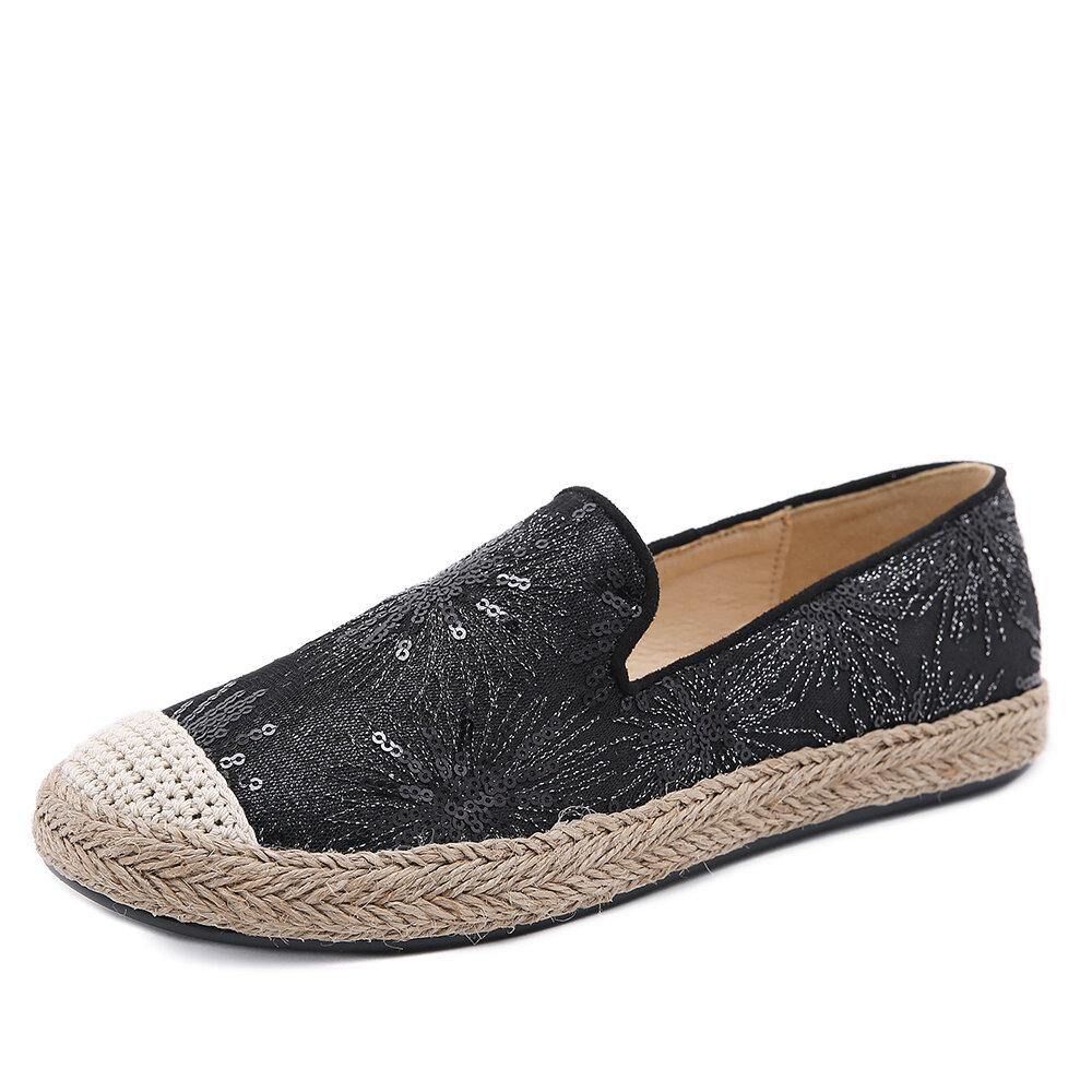 Dames Casual Loafers Met Pailletten Bloemenpatroon Espadrille Platte Schoenen