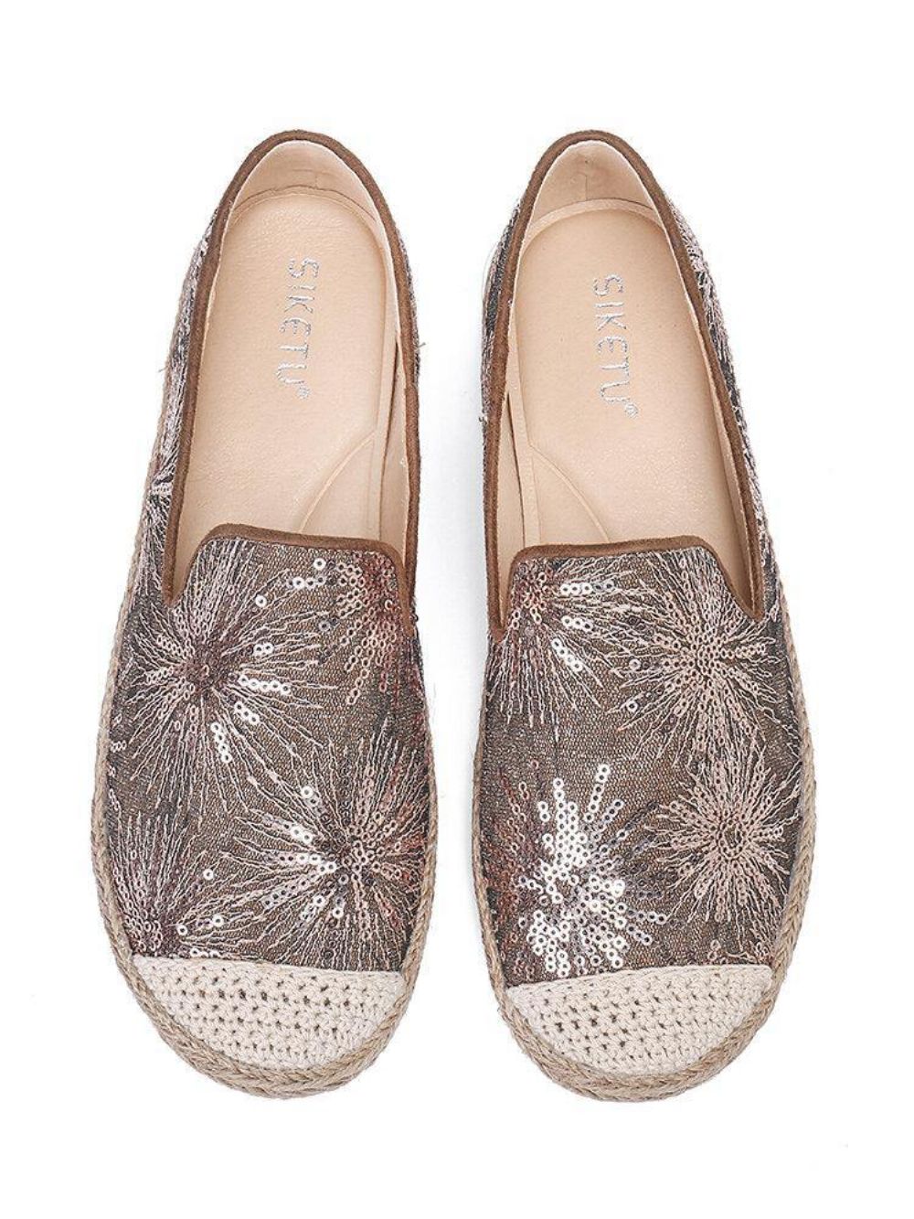 Dames Casual Loafers Met Pailletten Bloemenpatroon Espadrille Platte Schoenen