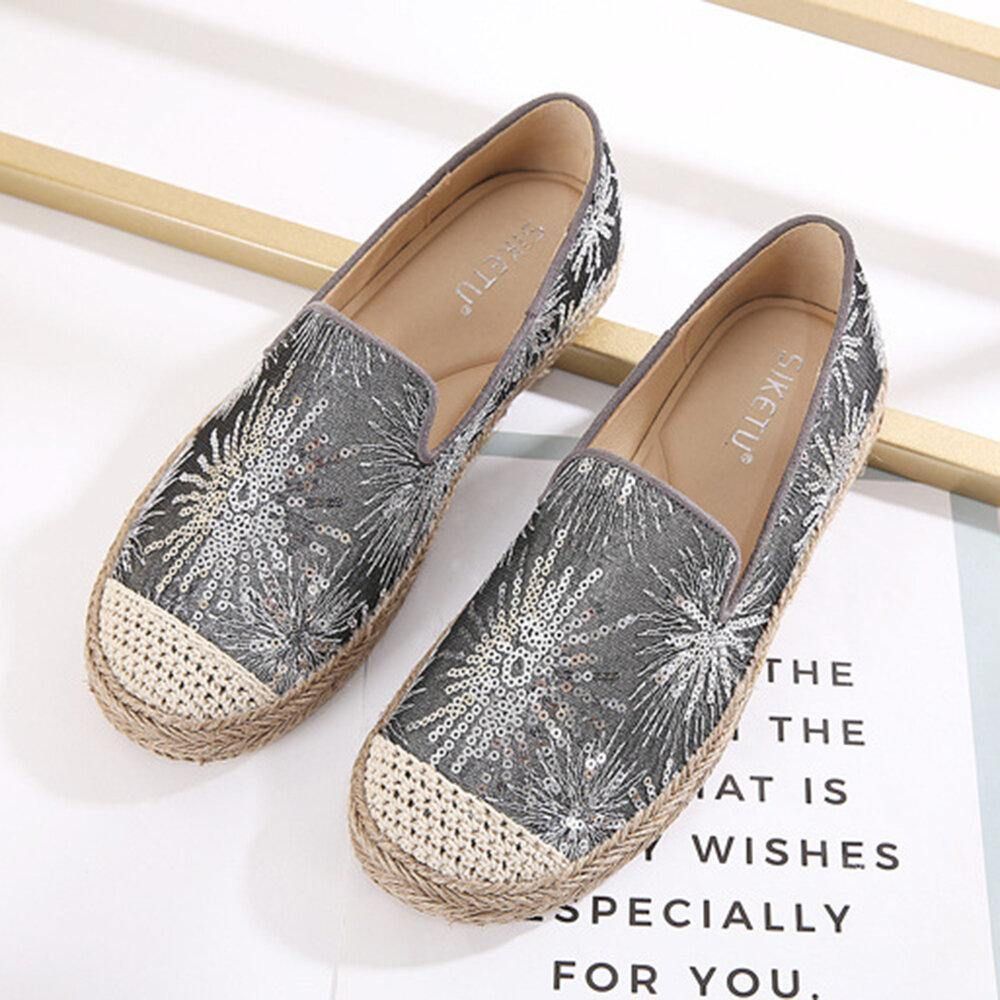 Dames Casual Loafers Met Pailletten Bloemenpatroon Espadrille Platte Schoenen