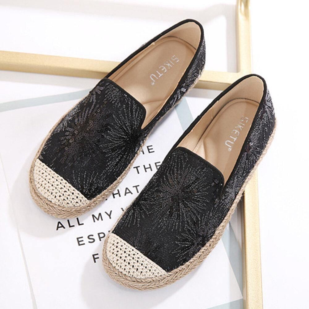 Dames Casual Loafers Met Pailletten Bloemenpatroon Espadrille Platte Schoenen