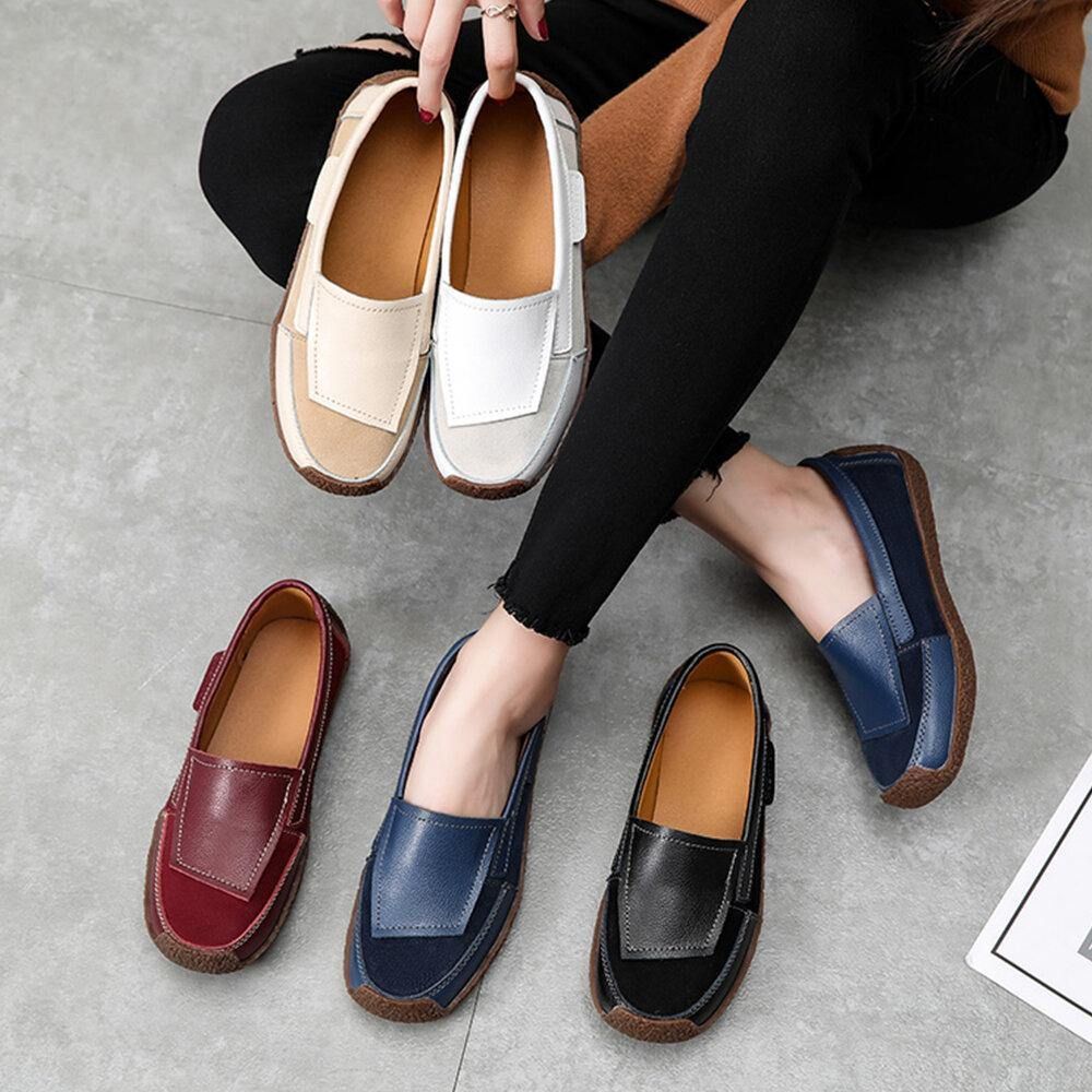 Dames Comfortabele Leren Splicing Zachte Slip Op Platte Loafers