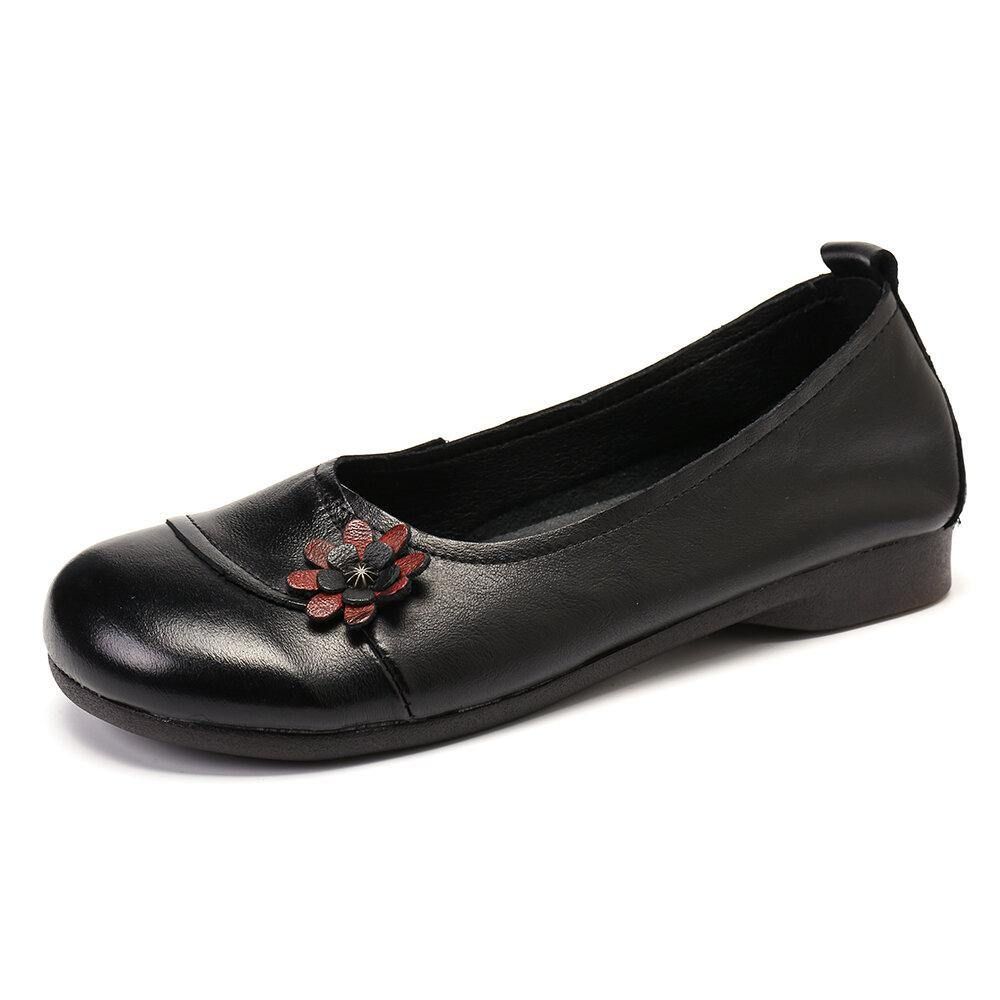 Dames Leren Bloemen Slip Op Platte Schoenen Loafers Schoenen