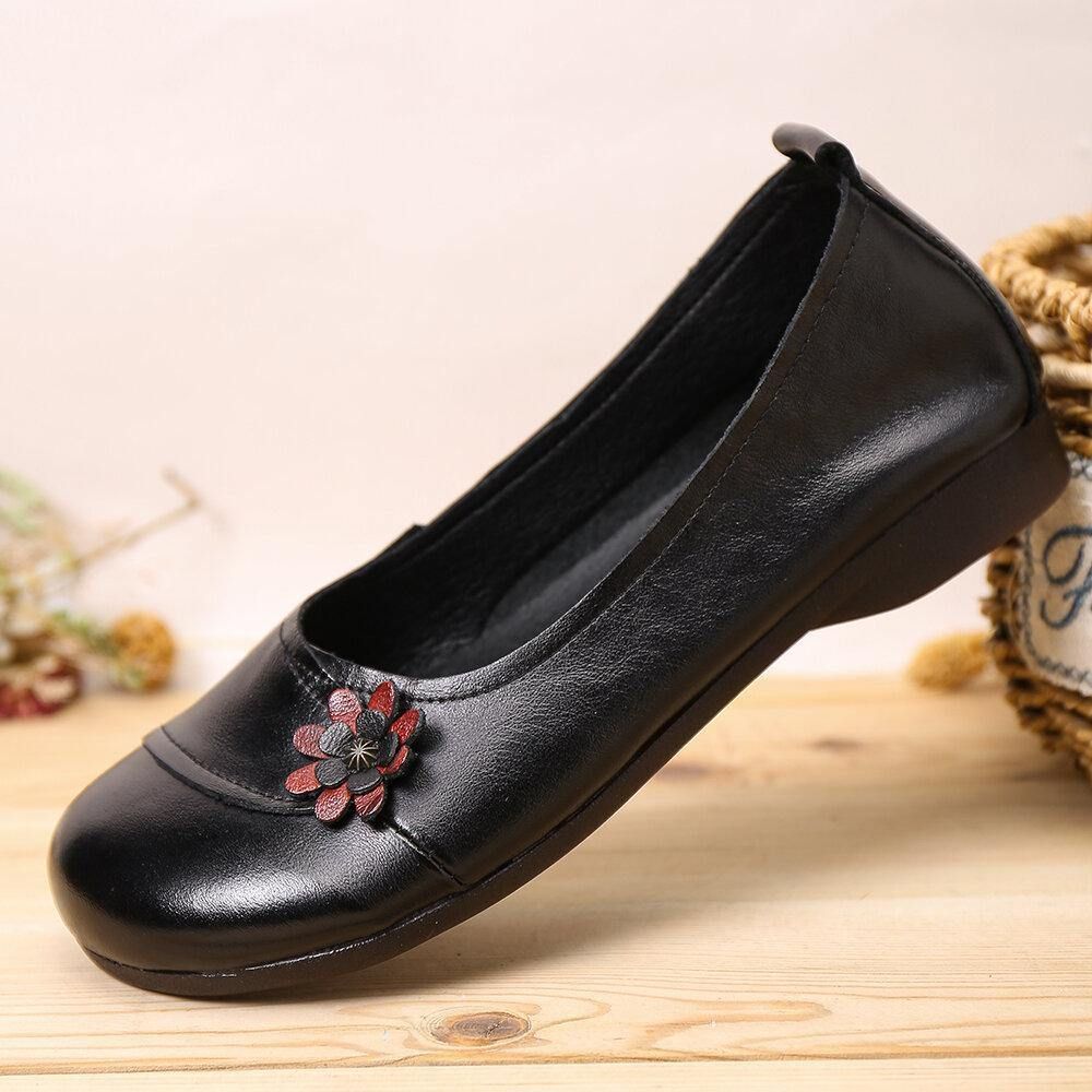 Dames Leren Bloemen Slip Op Platte Schoenen Loafers Schoenen