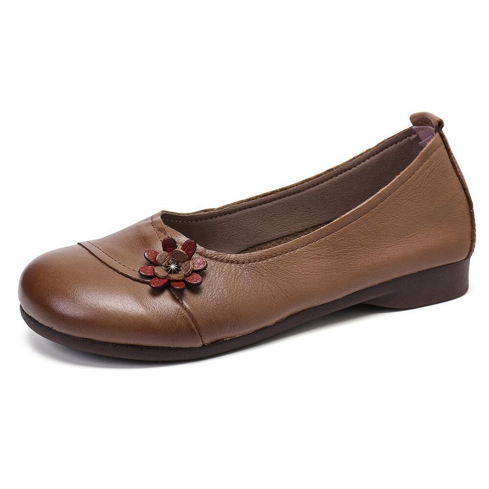 Dames Leren Bloemen Slip Op Platte Schoenen Loafers Schoenen