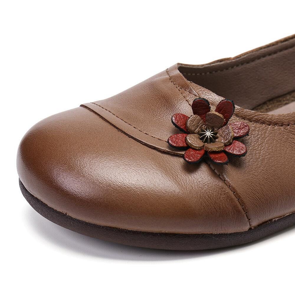 Dames Leren Bloemen Slip Op Platte Schoenen Loafers Schoenen