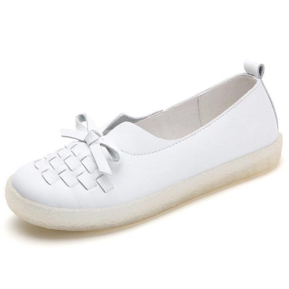 Dames Leren Slip-On Effen Kleur Geweven Strik Asakuchi Platte Schoenen Loafers Schoenen