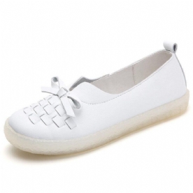 Dames Leren Slip-On Effen Kleur Geweven Strik Asakuchi Platte Schoenen Loafers Schoenen