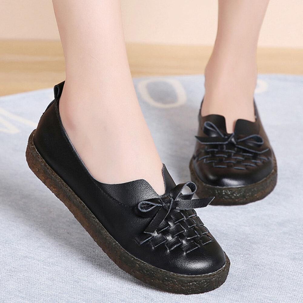 Dames Leren Slip-On Effen Kleur Geweven Strik Asakuchi Platte Schoenen Loafers Schoenen