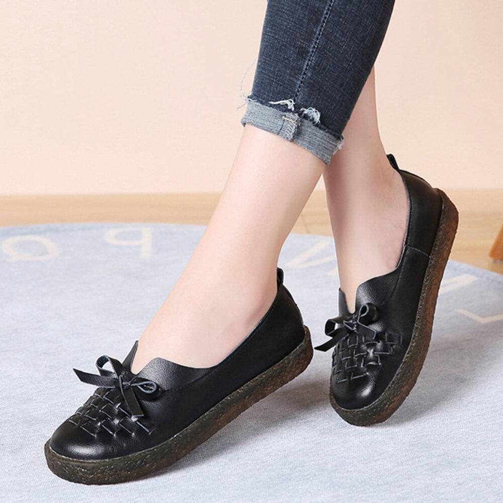 Dames Leren Slip-On Effen Kleur Geweven Strik Asakuchi Platte Schoenen Loafers Schoenen