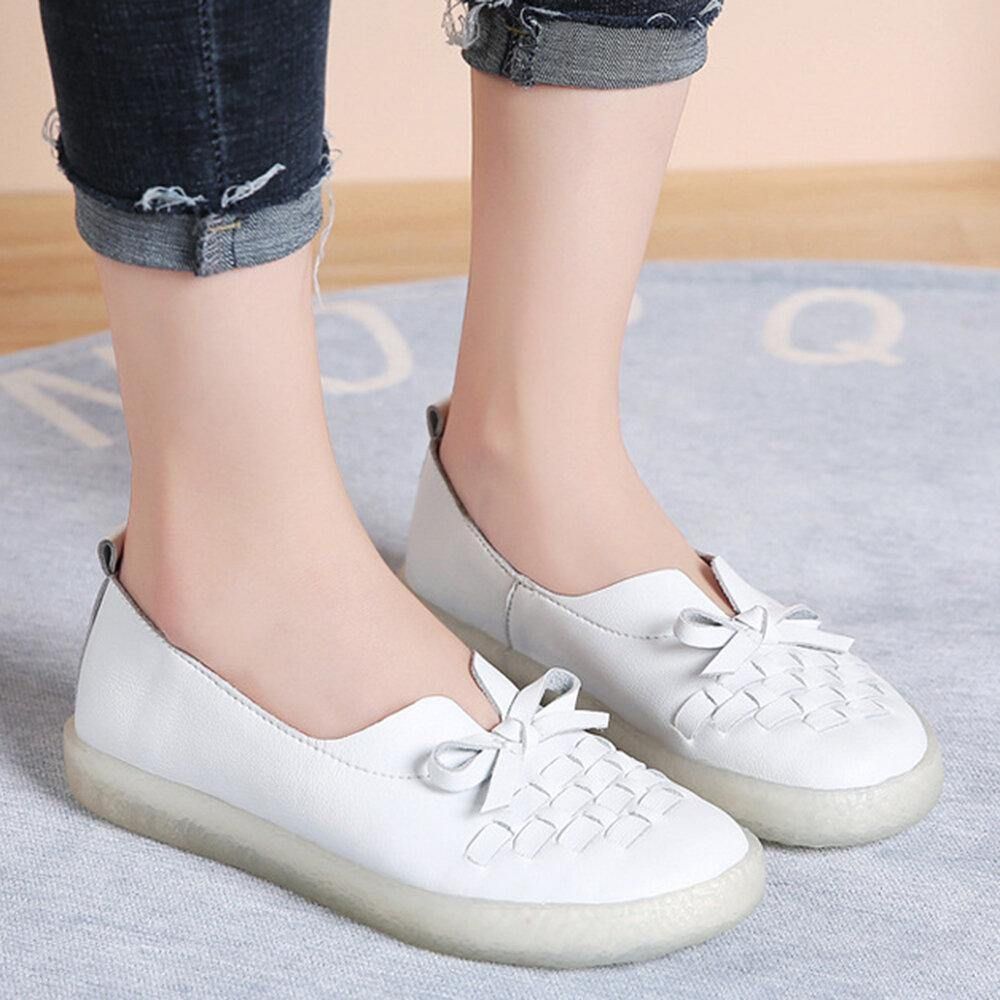 Dames Leren Slip-On Effen Kleur Geweven Strik Asakuchi Platte Schoenen Loafers Schoenen