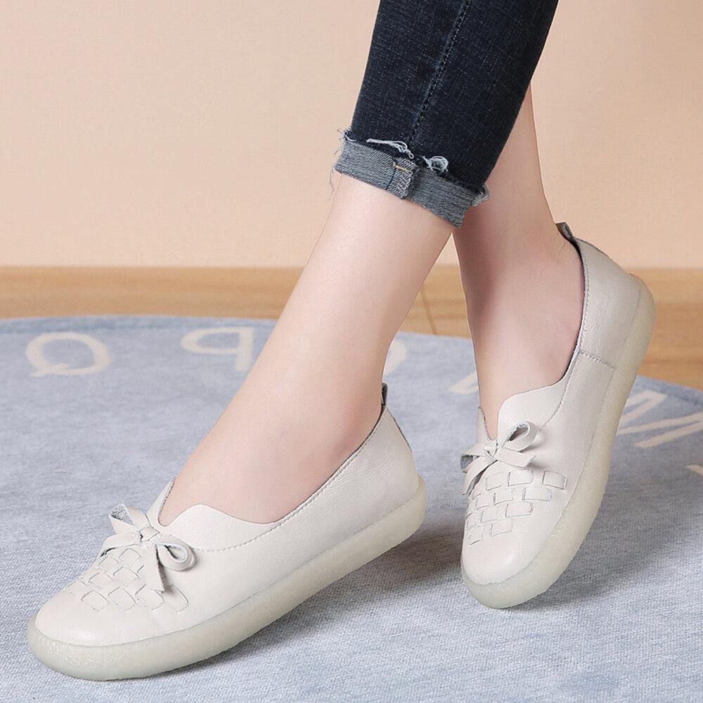 Dames Leren Slip-On Effen Kleur Geweven Strik Asakuchi Platte Schoenen Loafers Schoenen