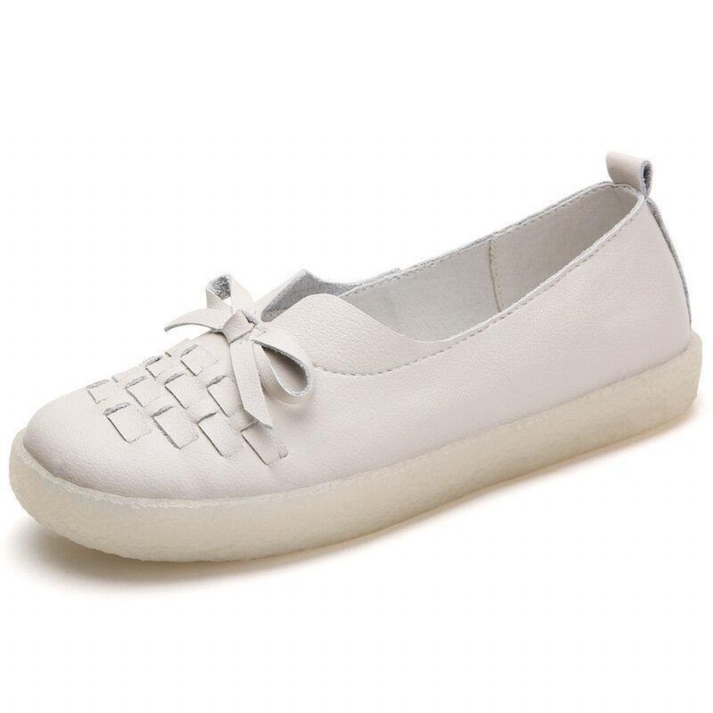 Dames Leren Slip-On Effen Kleur Geweven Strik Asakuchi Platte Schoenen Loafers Schoenen