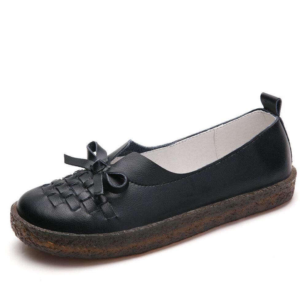 Dames Leren Slip-On Effen Kleur Geweven Strik Asakuchi Platte Schoenen Loafers Schoenen