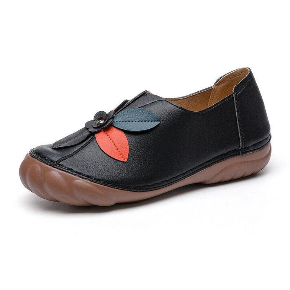 Dames Retro Bloem Stiksels Comfortabele Ronde Neus Slip Op Platte Loafers Schoenen