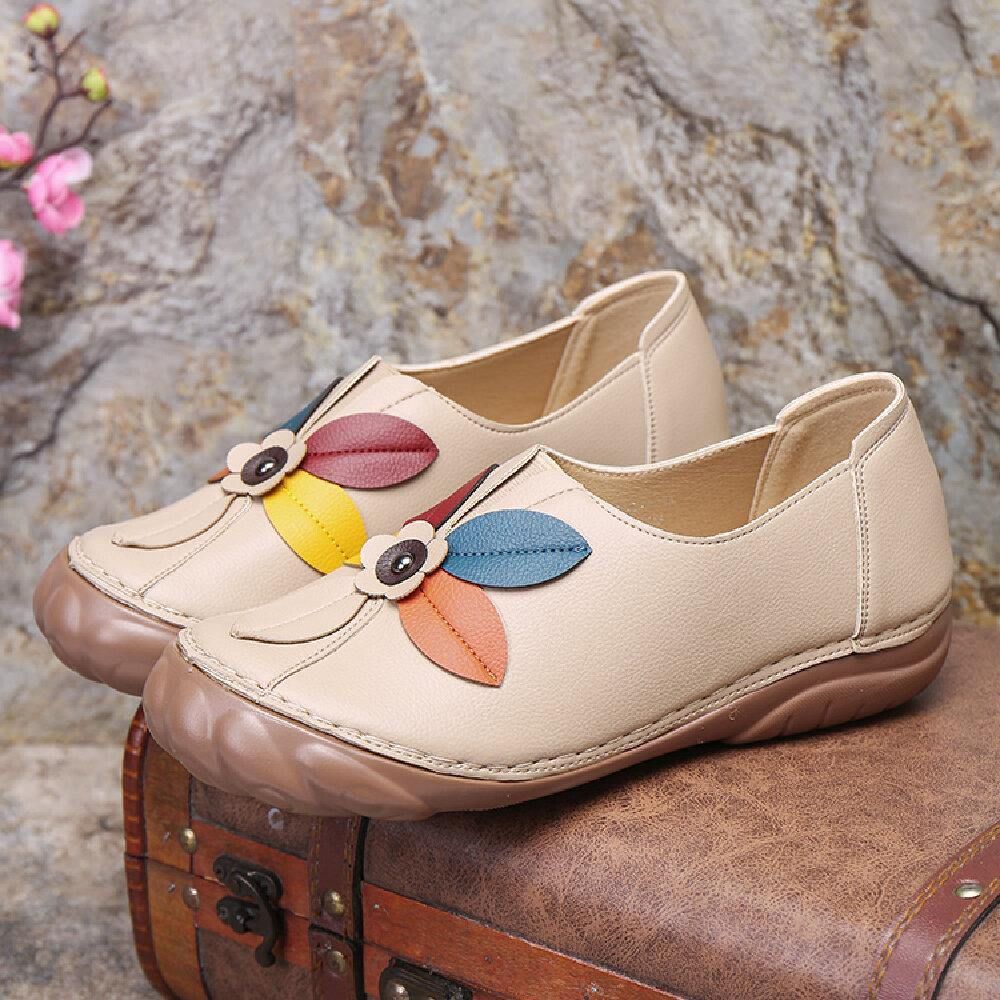 Dames Retro Bloem Stiksels Comfortabele Ronde Neus Slip Op Platte Loafers Schoenen