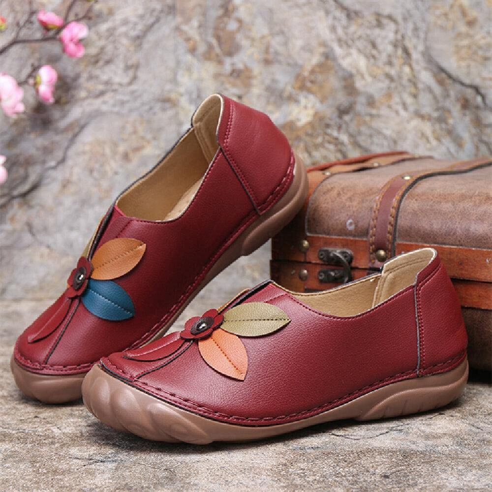 Dames Retro Bloem Stiksels Comfortabele Ronde Neus Slip Op Platte Loafers Schoenen