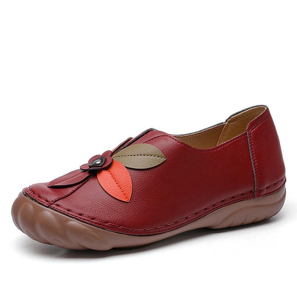 Dames Retro Bloem Stiksels Comfortabele Ronde Neus Slip Op Platte Loafers Schoenen