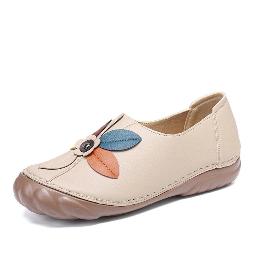 Dames Retro Bloem Stiksels Comfortabele Ronde Neus Slip Op Platte Loafers Schoenen