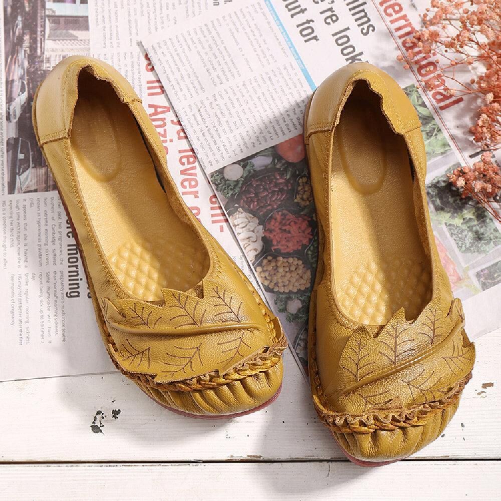 Etnische Bloemen Decor Stiksels Rundleder Comfortabele Zachte Zool Casual Slip-On Platte Schoenen