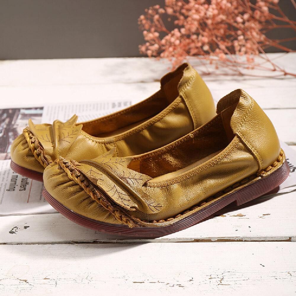 Etnische Bloemen Decor Stiksels Rundleder Comfortabele Zachte Zool Casual Slip-On Platte Schoenen