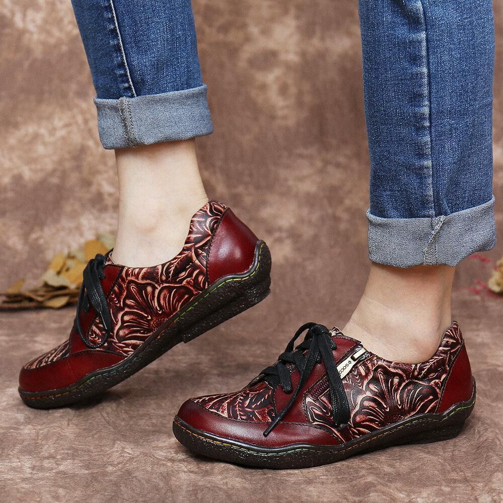 Handgemaakte Lederen Bloemen Splitsen Stiksels Zijrits Lace-Up Platte Schoenen