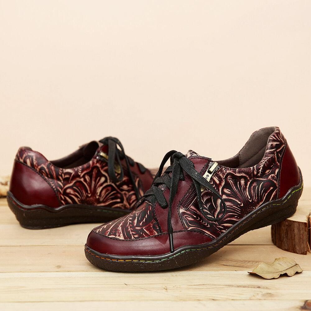 Handgemaakte Lederen Bloemen Splitsen Stiksels Zijrits Lace-Up Platte Schoenen