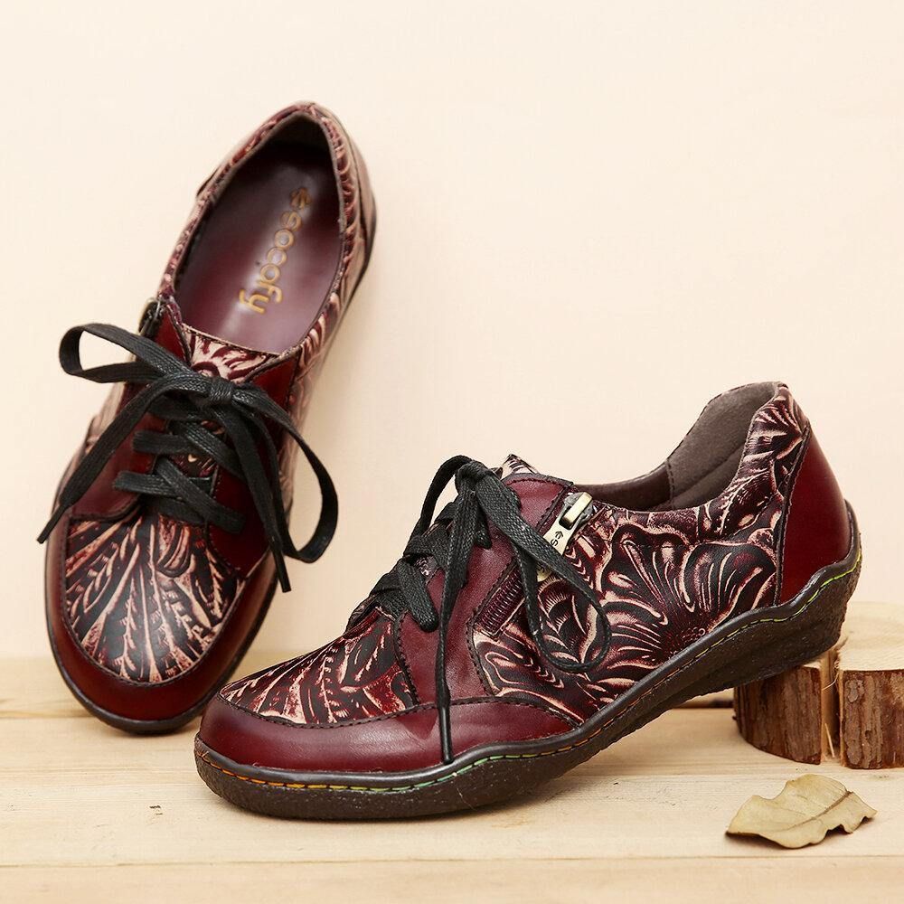 Handgemaakte Lederen Bloemen Splitsen Stiksels Zijrits Lace-Up Platte Schoenen