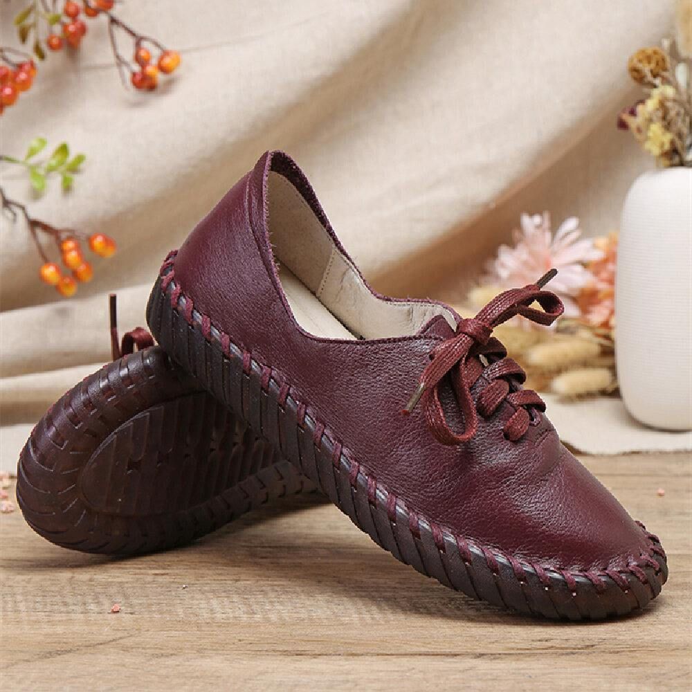 Handstiksels Effen Kleur Rundleder Comfortabele Ronde Neus Zachte Casual Platte Schoenen