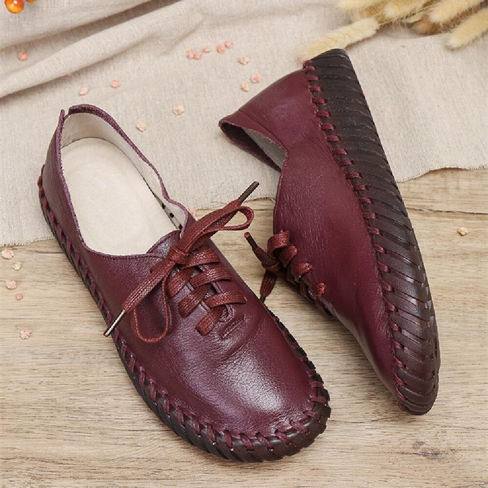 Handstiksels Effen Kleur Rundleder Comfortabele Ronde Neus Zachte Casual Platte Schoenen