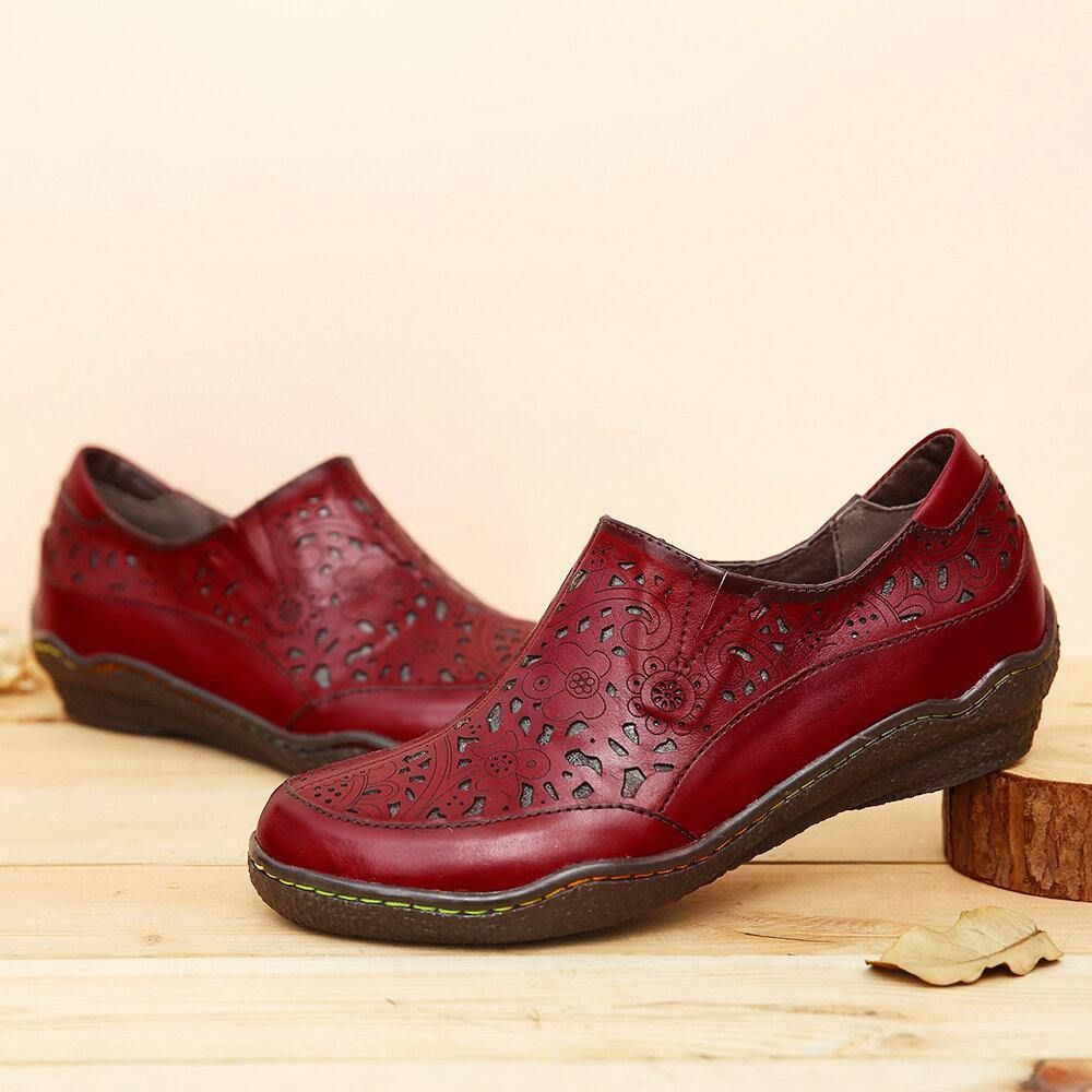 Leren Bloemenuitsparingen Zijrits Slip-On Loafers Antislip Platte Schoenen