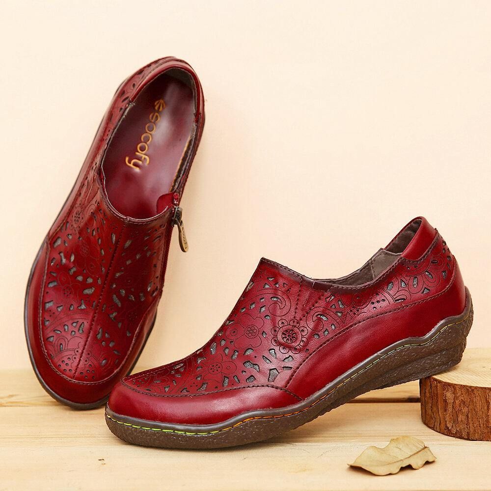 Leren Bloemenuitsparingen Zijrits Slip-On Loafers Antislip Platte Schoenen