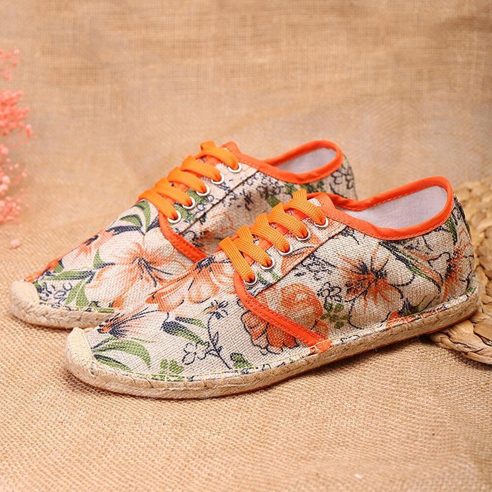 Linnen Doek Met Bloemenprint Comfortabel Ademend Draagbaar Casual Espadrilleschoenen Met Veters