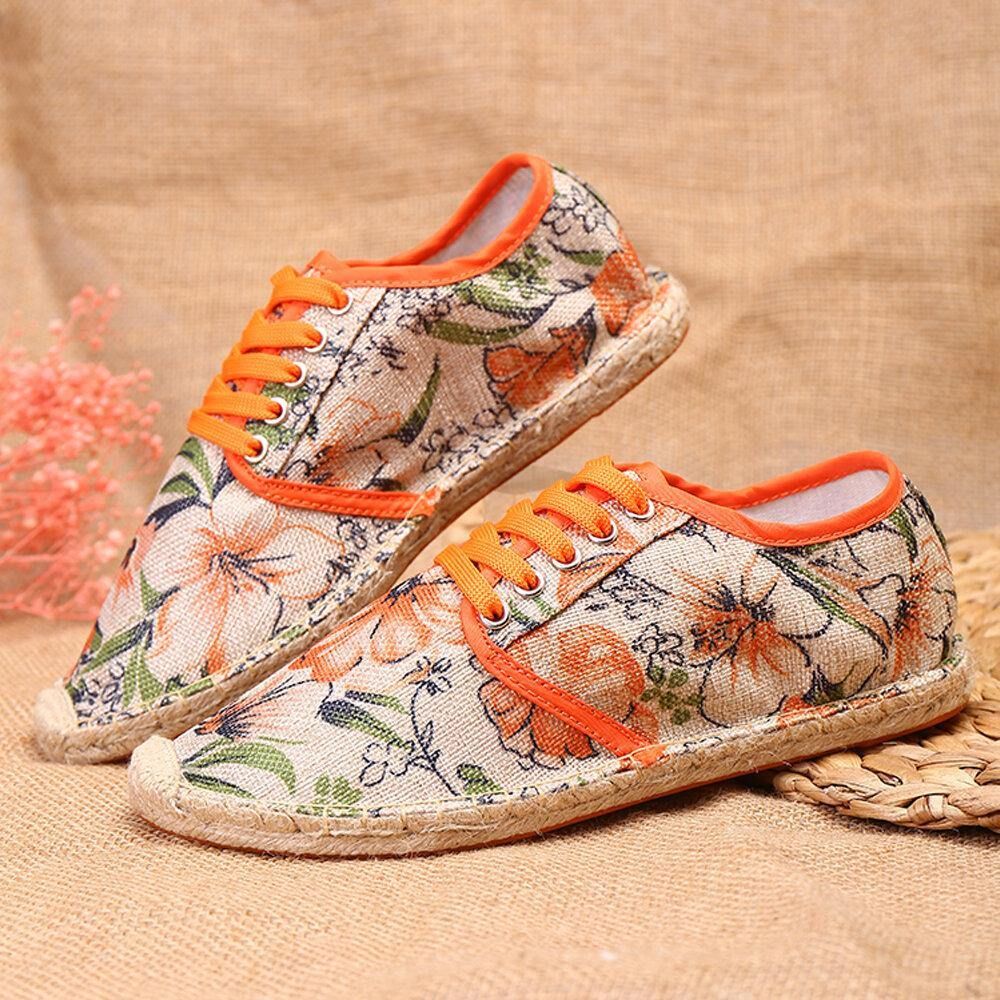 Linnen Doek Met Bloemenprint Comfortabel Ademend Draagbaar Casual Espadrilleschoenen Met Veters