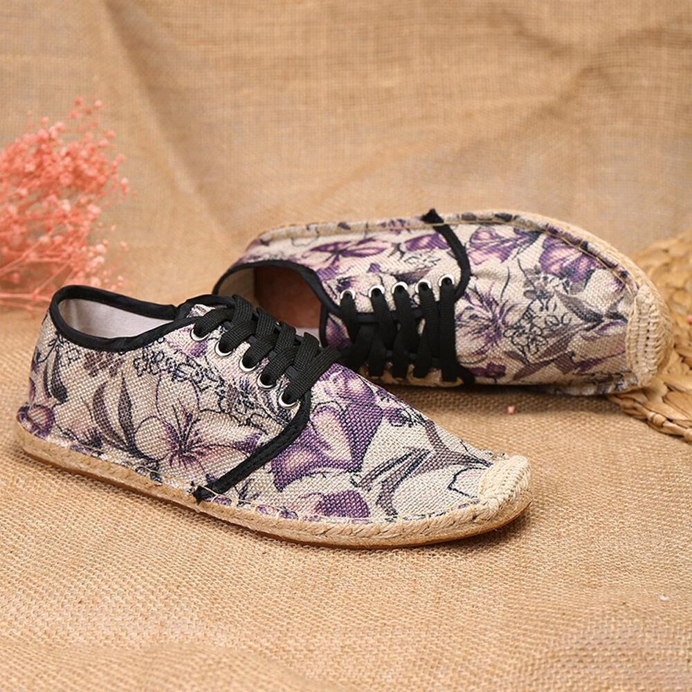 Linnen Doek Met Bloemenprint Comfortabel Ademend Draagbaar Casual Espadrilleschoenen Met Veters