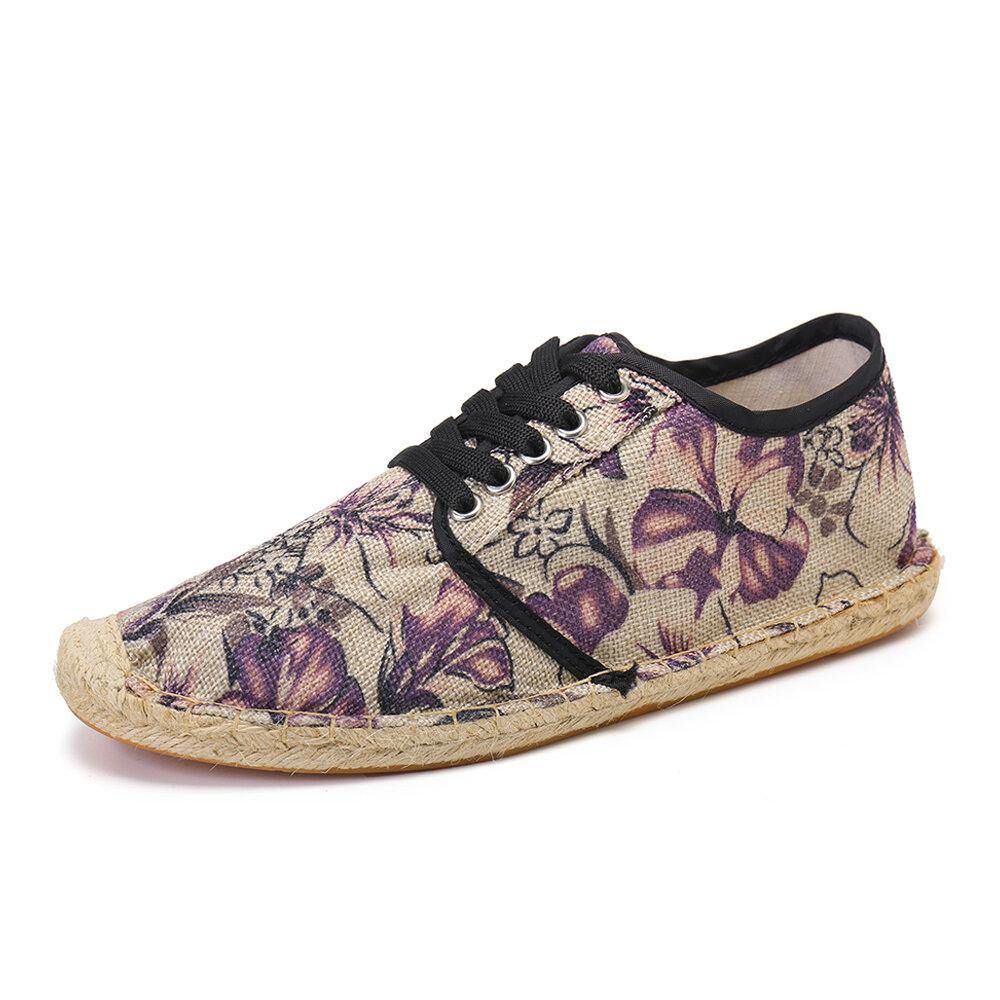 Linnen Doek Met Bloemenprint Comfortabel Ademend Draagbaar Casual Espadrilleschoenen Met Veters