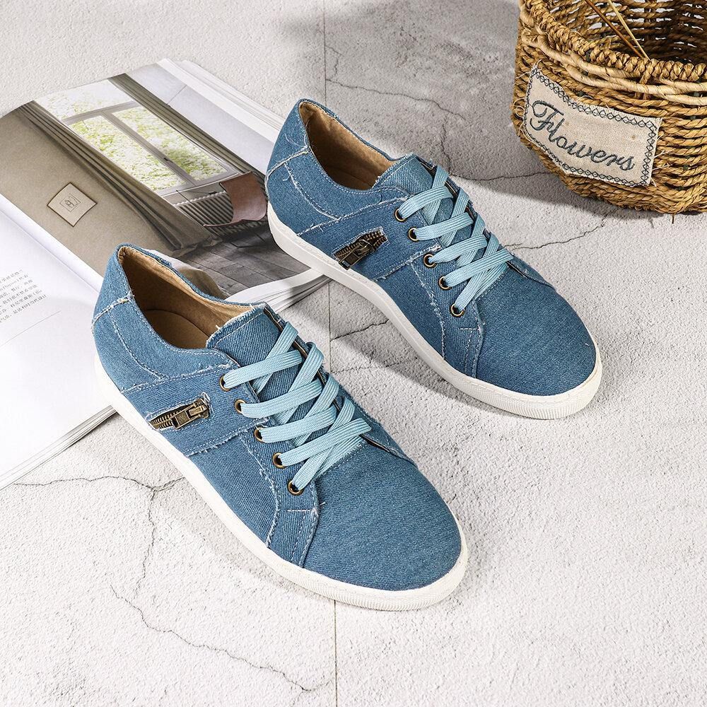 Plus Size Dames Retro Rits Decor Canvas Veterschoenen Platte Casual Schoenen