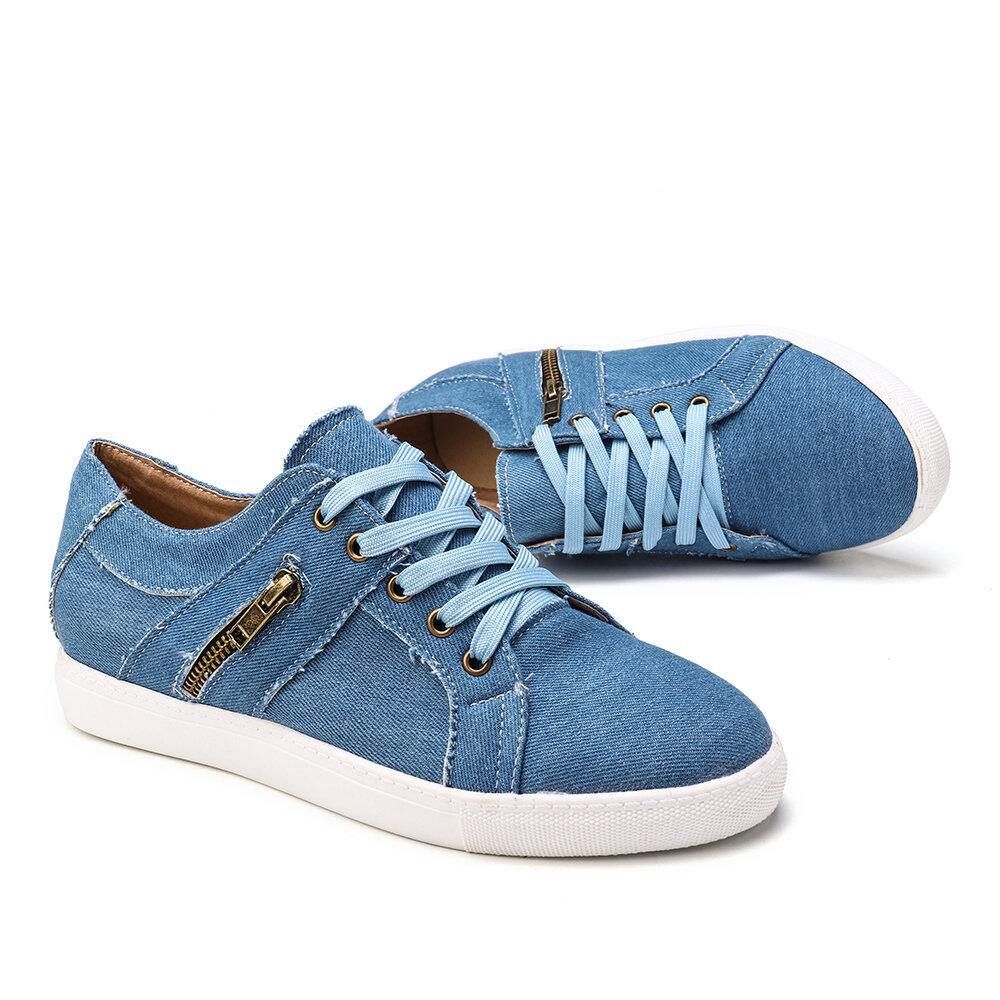 Plus Size Dames Retro Rits Decor Canvas Veterschoenen Platte Casual Schoenen