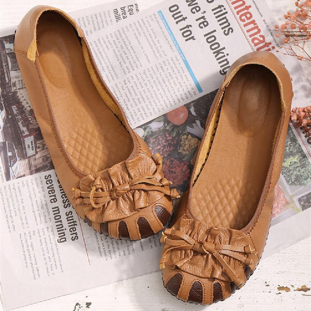 Retro Bloem Decor Rundleder Comfortabele Ronde Neus Zachte Zool Casual Slip-On Platte Schoenen