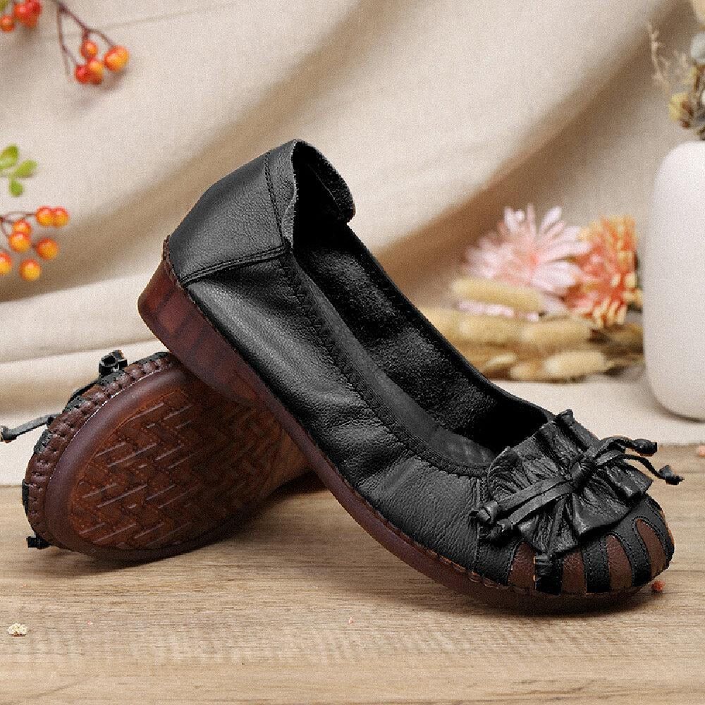 Retro Bloem Decor Rundleder Comfortabele Ronde Neus Zachte Zool Casual Slip-On Platte Schoenen