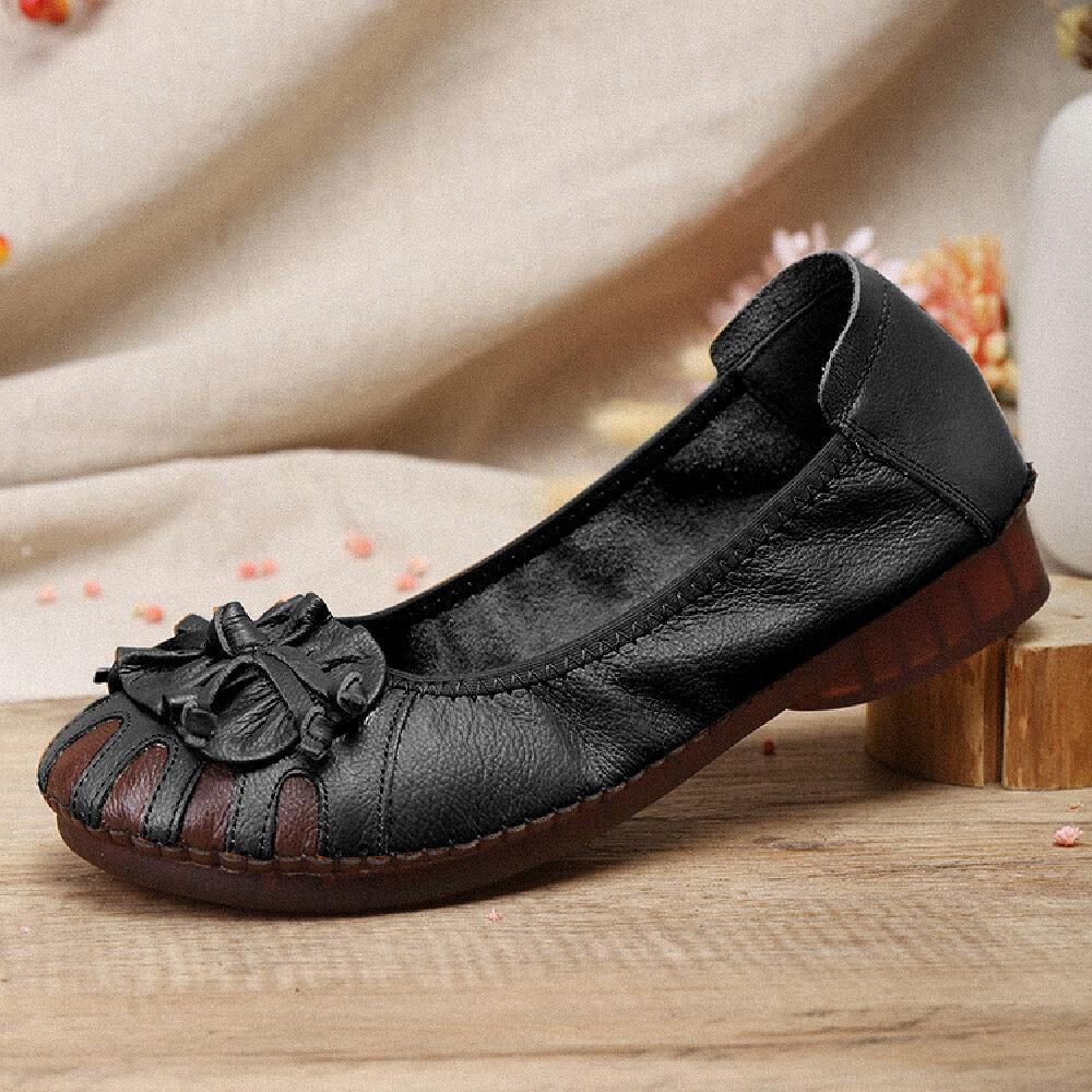 Retro Bloem Decor Rundleder Comfortabele Ronde Neus Zachte Zool Casual Slip-On Platte Schoenen