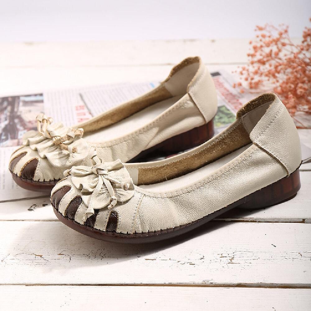 Retro Bloem Decor Rundleder Comfortabele Ronde Neus Zachte Zool Casual Slip-On Platte Schoenen