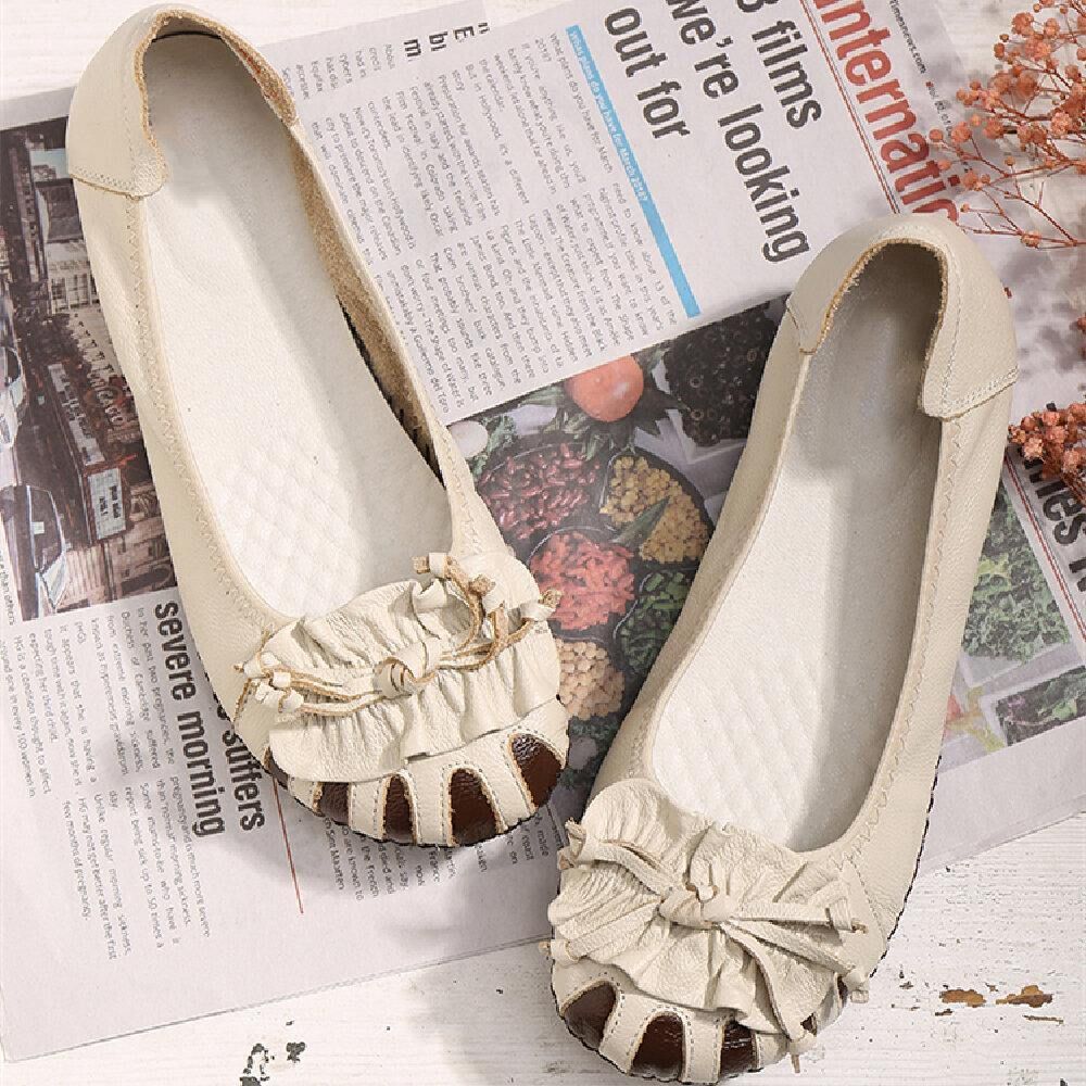 Retro Bloem Decor Rundleder Comfortabele Ronde Neus Zachte Zool Casual Slip-On Platte Schoenen