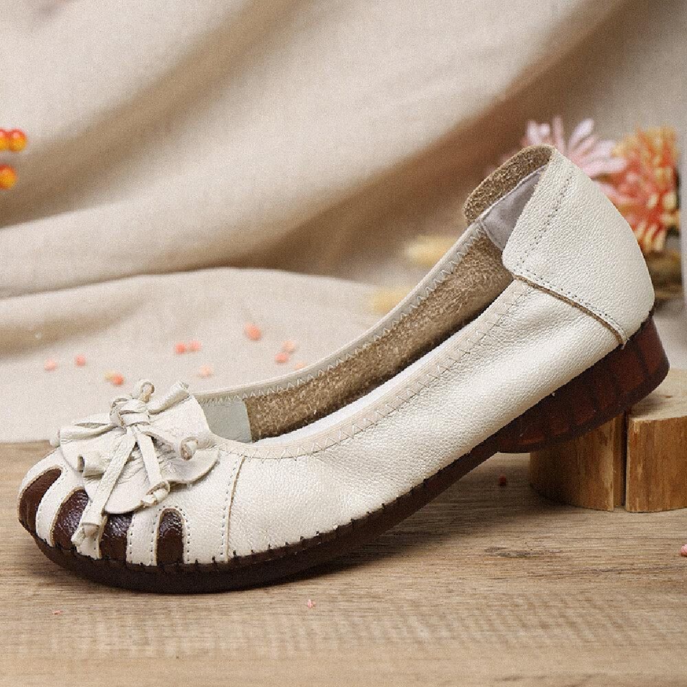 Retro Bloem Decor Rundleder Comfortabele Ronde Neus Zachte Zool Casual Slip-On Platte Schoenen