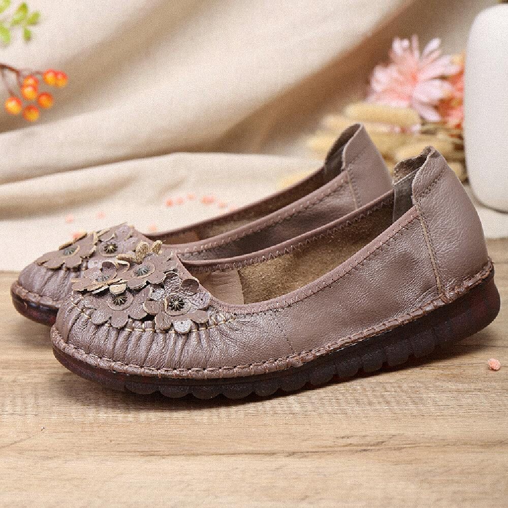 Retro Bloemen Decor Comfortabel Leer Antislip Zachte Zool Casual Instappers Platte Schoenen