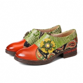 Retro Lederen Paisley Splicing Bloemen Reliëf Comfortabele Platte Schoenen Van Echt Leer