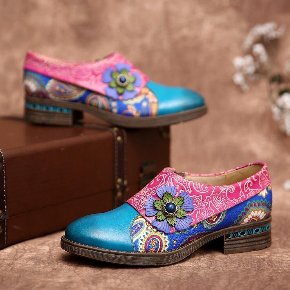 Retro Lederen Paisley Splicing Bloemen Reliëf Comfortabele Platte Schoenen Van Echt Leer