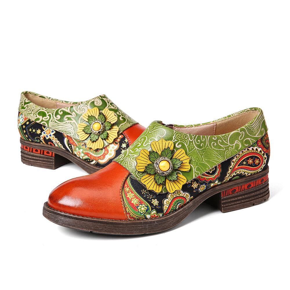 Retro Lederen Paisley Splicing Bloemen Reliëf Comfortabele Platte Schoenen Van Echt Leer