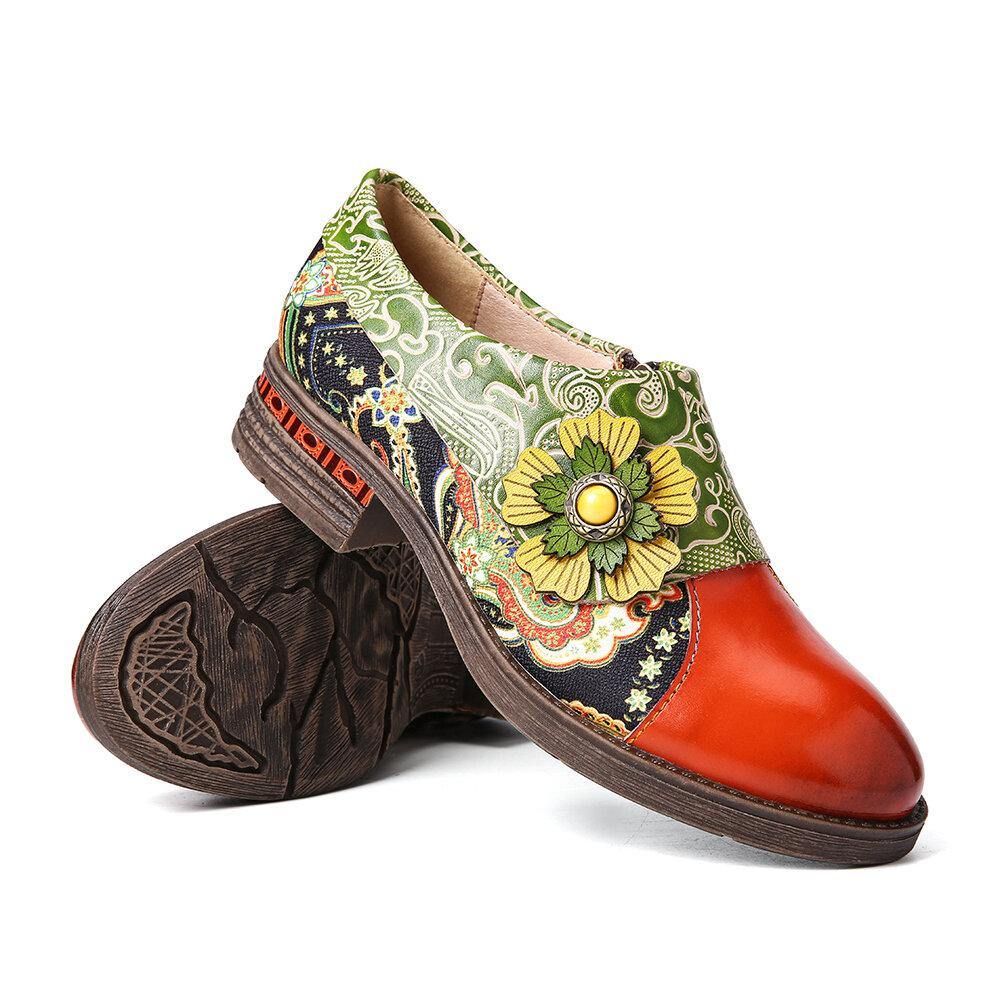 Retro Lederen Paisley Splicing Bloemen Reliëf Comfortabele Platte Schoenen Van Echt Leer