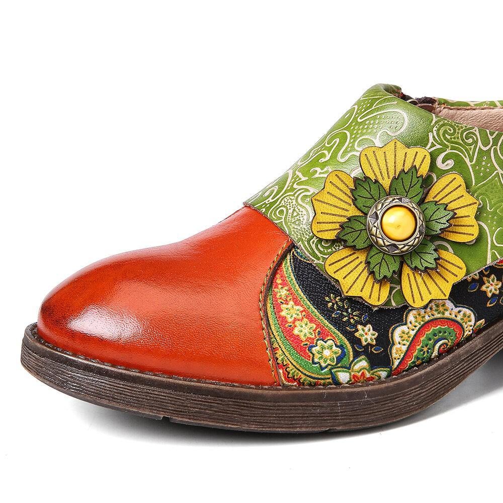 Retro Lederen Paisley Splicing Bloemen Reliëf Comfortabele Platte Schoenen Van Echt Leer