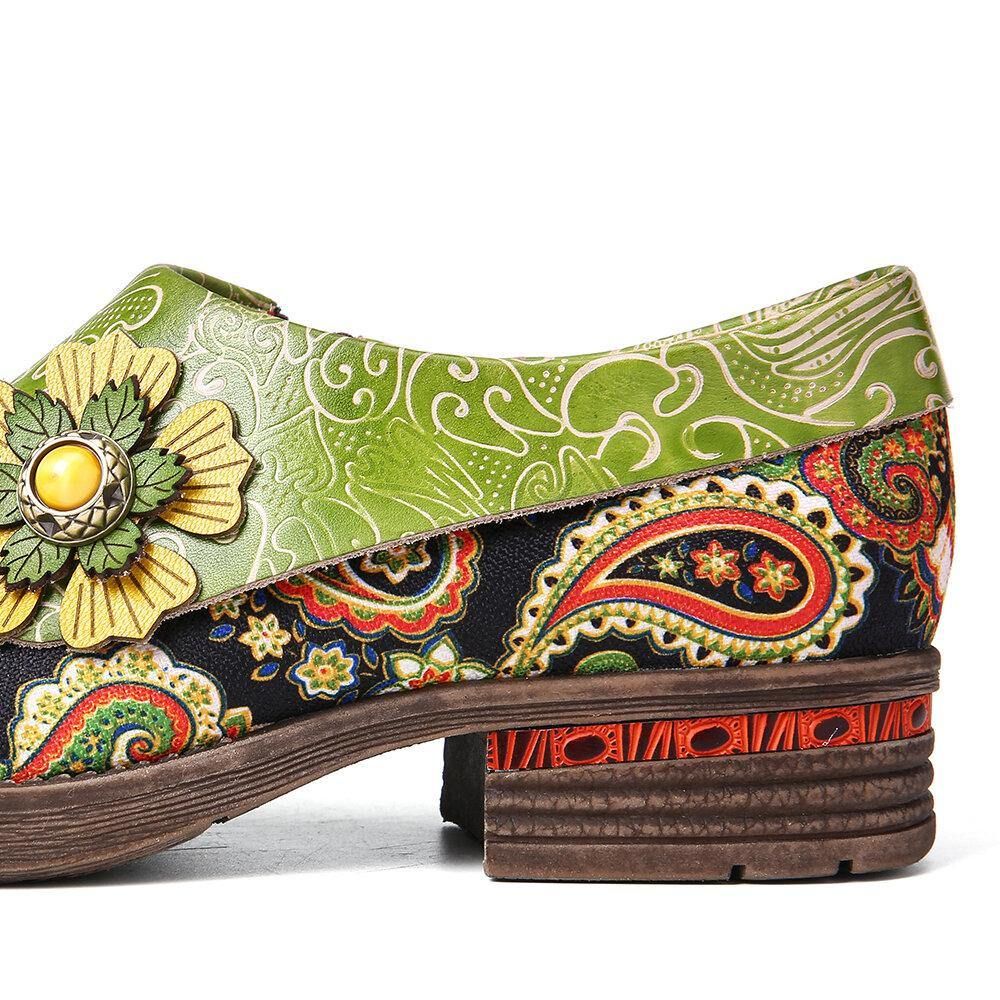 Retro Lederen Paisley Splicing Bloemen Reliëf Comfortabele Platte Schoenen Van Echt Leer